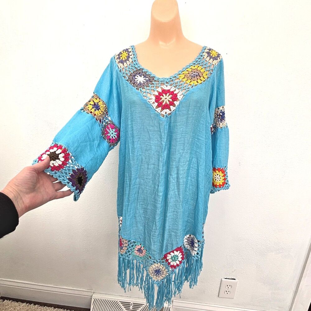 Womens Boho Swim Cover Up Dress Medium Gauzy Granny Square Tunic Top Crochet